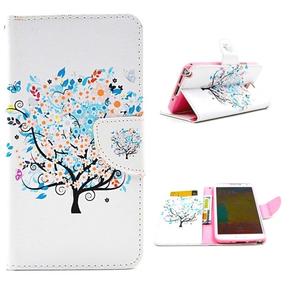 Galaxy Note 7 Case PU Leather Folio Magnetic Wallet Card Slots White Floral Tree - Picture 1 of 4